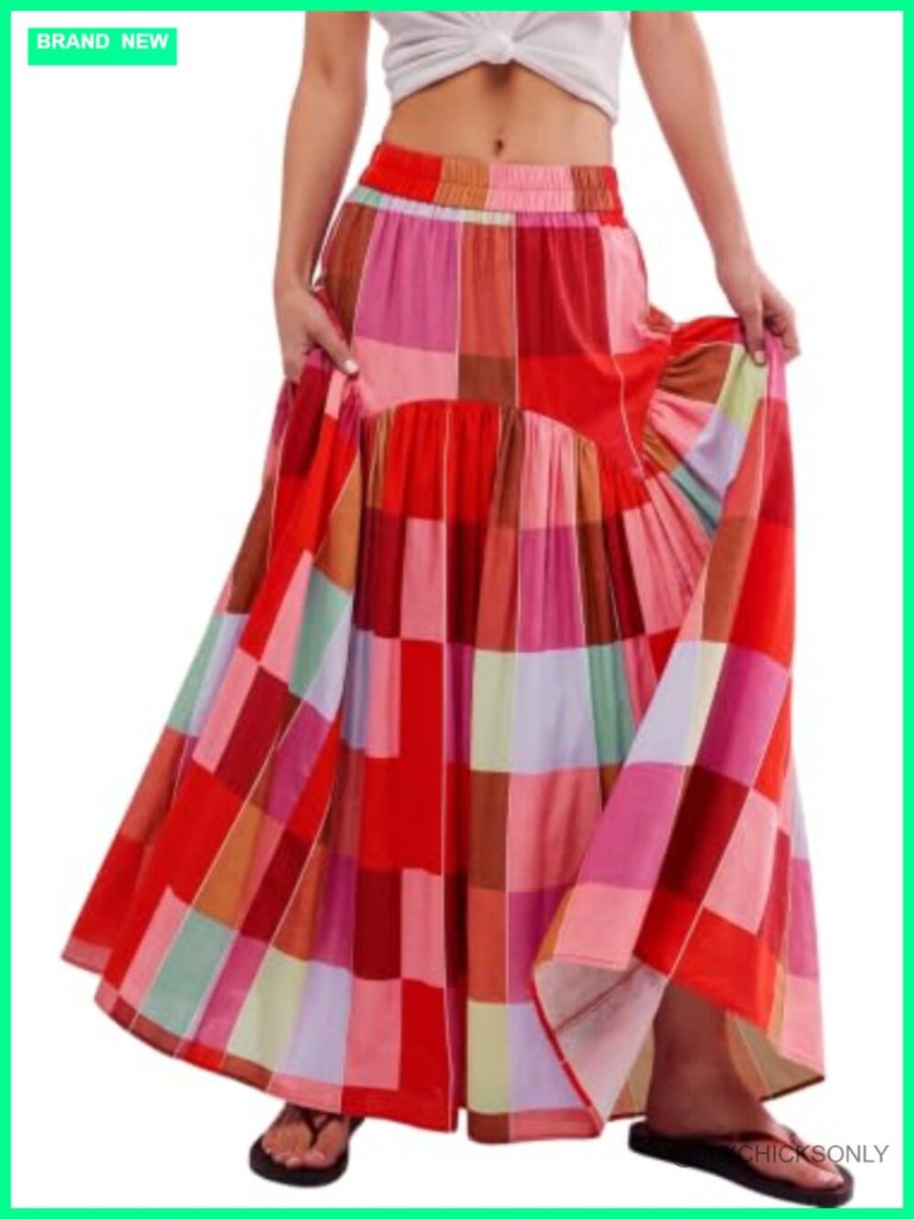 Women's Boho Plaid Tiered Maxi Skirt Ruched High Waist A-Line